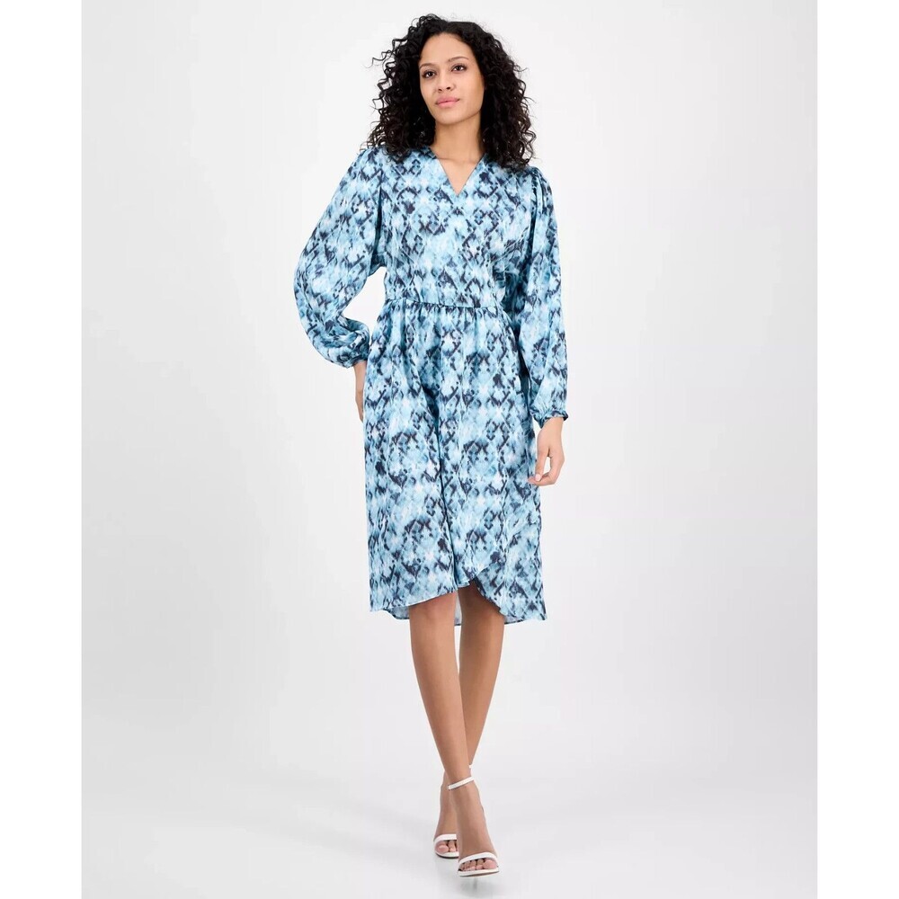 BOSS Orange Women's Printed Blouson-Sleeve Midi Dress Light Blue Size M